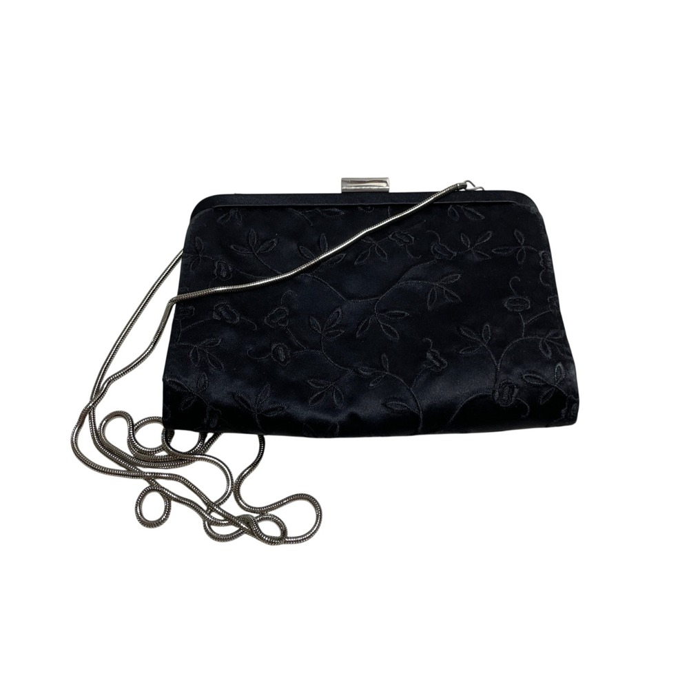 Elan Black Evening Bag Rhinestone Clasp Floral Embroidered Shoulder Chain Purse